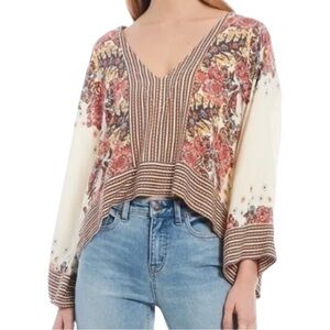 Free People Viscose V Neck Floral Bell Sleeved Blouse M / M Oversized